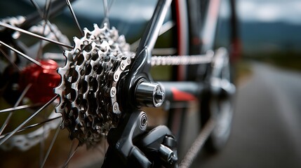 Closeup of bicycle gears and chain on a road, showcasing the intricate mechanics and the cyclists journey through the landscape with blurred background
