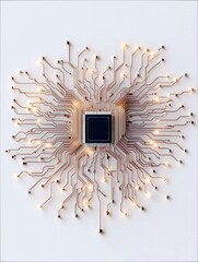 A central processing unit (CPU) with radiating copper circuit board traces and glowing connection points on a white background, symbolizing technology and conne