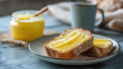 Ghee butter in a jar and a slice of fresh bread spread with butter on a breakfast table