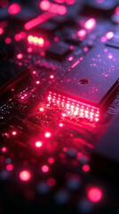 A macro view of a computer's internal circuitry illuminated by vibrant red lights, creating a futuristic and technological atmosphere.