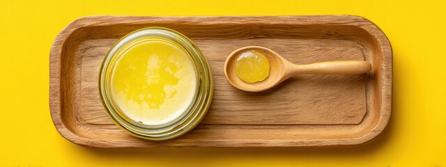 Homemade Ghee butter in a jar and on a wooden spoon, placed on a bright yellow background