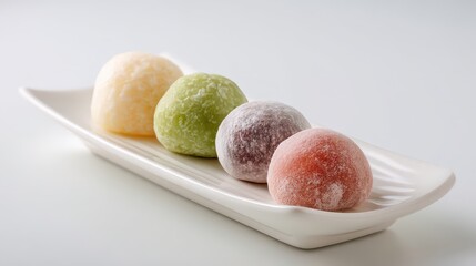 Set of colorful Japanese Mochi rice cakes on a white plate, against a white background