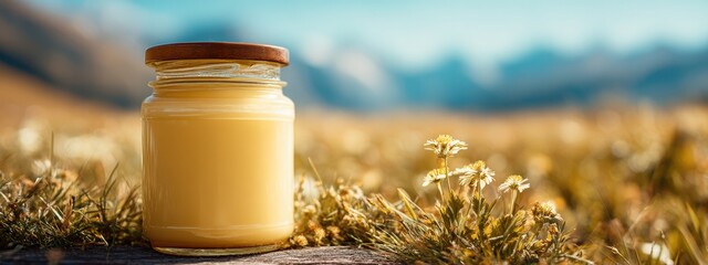 Pure organic cow ghee (clarified butter) in a jar against a summer meadow background