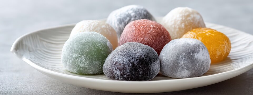 Set of colorful Japanese Mochi rice cakes on a white plate, against a white background