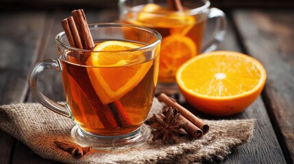 Warm spiced beverage with orange slices and cinnamon stick on a rustic wooden table