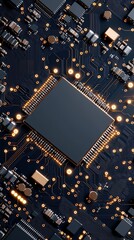 A detailed view of a dark circuit board with a large central chip and numerous smaller components connected by glowing orange lines.