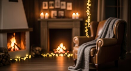 Naklejka premium Cozy living room with fireplace and armchair during Winter day. Warm and inviting atmosphere for relaxation or holiday celebration.