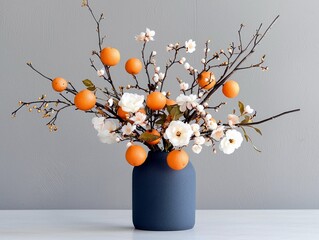 A floral arrangement featuring branches adorned with small orange fruits and delicate white flowers, displayed in a dark blue vase.