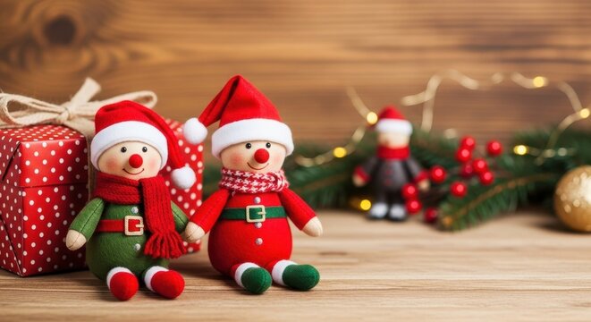 Two adorable snowman plush toys in festive outfits with gift box on wooden surface for Christmas decor and holiday celebration.