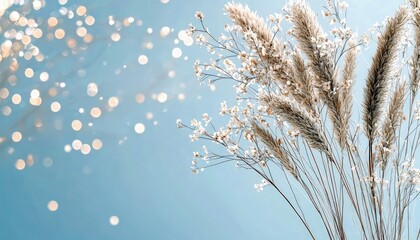 A close-up shot of dried fluffy grass and tiny white flowers against a soft blue backdrop with blurred golden bokeh lights.