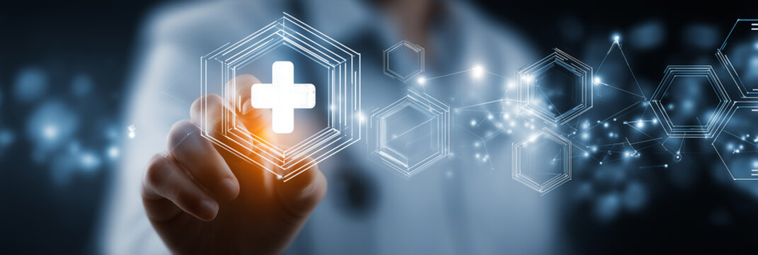 Doctor touching digital medical cross icon on virtual screen