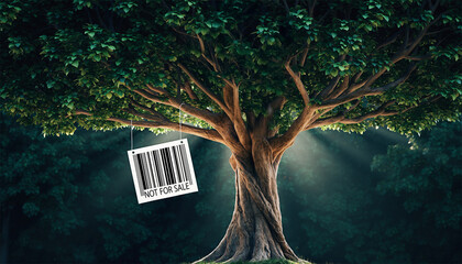 Barcode price tag with not for sale text hanging on large tree in forest