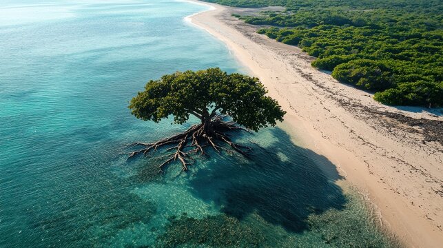 Aerial view of a lone, ancient tree rooted in shallow turquoise water, with extensive roots visible, next to a pristine beach - Powered by Adobe