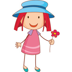 Happy little girl with red hair wearing a blue hat and pink dress holding a flower on a transparent background in a drawing style