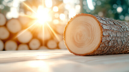 Stacked wooden logs with sun rays shining in the background