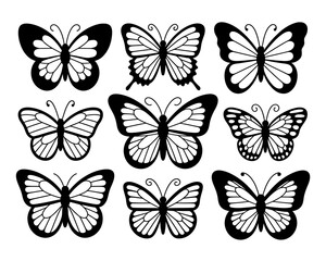 Fototapeta premium Collection of nine stylized black and white butterfly silhouettes