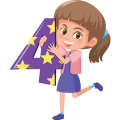 Happy Young Girl In Blue Dress And Pink Vest Holding Purple Number Four With Yellow Stars Against Transparent Background Vector Illustration