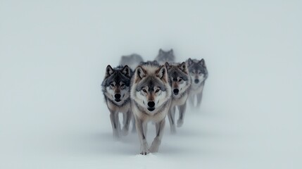 Pack of wolves running in a snowy landscape