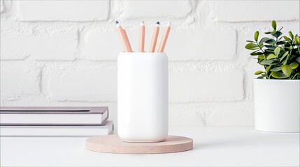 A minimalist desk setup featuring a white pencil holder with pencils, stacked books, and a green potted plant.