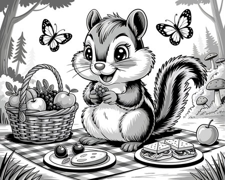 Cute cartoon chipmunk enjoying a picnic in the forest with butterflies