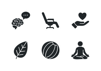 Diverse silhouette icons symbolizing wellbeing, comfort, emotional care, nature, leisure, and mindfulness, ideal for health, lifestyle, and personal development content.