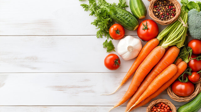 Fresh organic vegetables on white wooden background with copy space