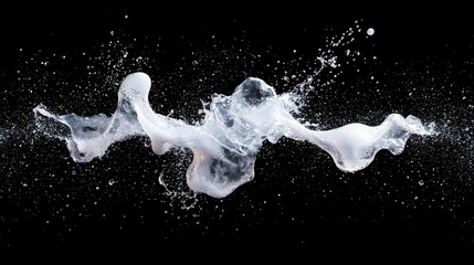 A dynamic, high-speed photograph captures a splash of white liquid, possibly foam or milk, erupting with water droplets against a stark black background.
