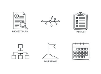 Essential business management icons including project plans, task lists, milestones, and calendars for efficient organizational strategy and workflow