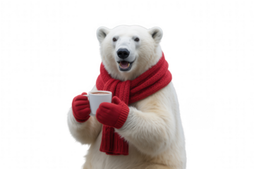 Happy polar bear wearing red scarf and mittens holding hot chocolate transparent background animal