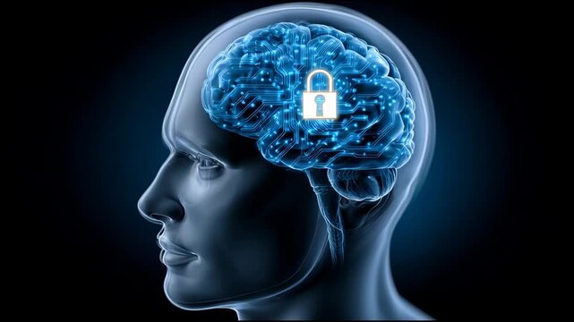 Conceptual illustration of transparent human head with glowing blue brain secured by lock. powerful symbol for psychology, mental health, memory, consciousness, and minds privacy