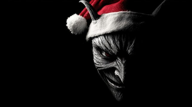 Scary christmas creature in festive hat, with glowing red eye and sinister smile emerges from darkness for horror holiday concept.