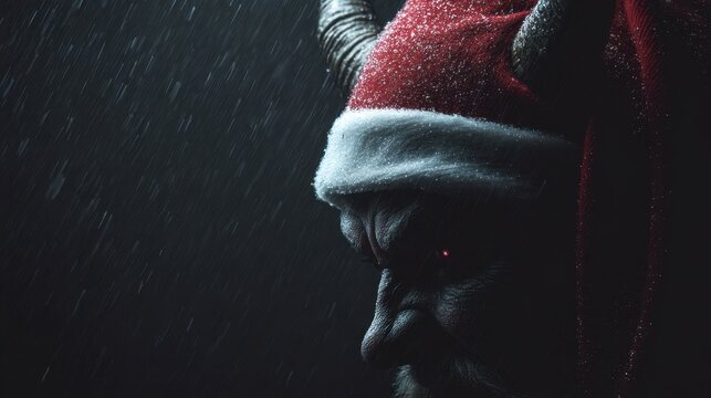 Krampus in santa hat in rainfall. Evil Christmas creature looking sinister in a festive hat. Horror holiday decoration and theme.