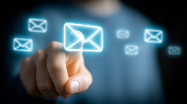 Finger touching glowing email icons on virtual screen for communication concept - Powered by Adobe