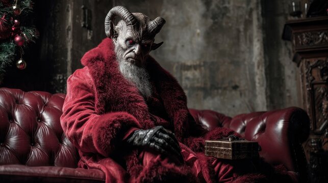 Menacing Krampus-like figure with red eyes and horns wearing a red fur coat, sitting on a leather sofa with a gift box for a dark Christmas fantasy - Powered by Adobe