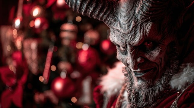 Close up of evil Krampus creature with horns and a beard, wearing red robe against blurred Christmas background with red ornaments. Festive horror concept.