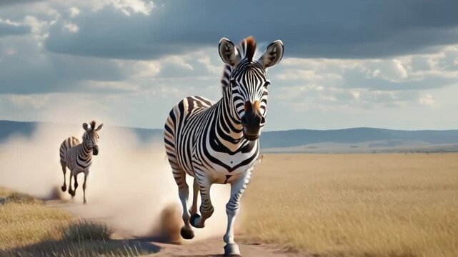 A zebra running on a dirt path with another zebra and animals in the background on a cloudy day zebra video
