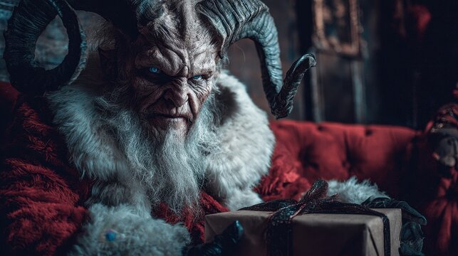 Evil mythological creature in Santa Claus costume with horns and glowing blue eyes holds a Christmas gift. Dark Krampus demon for holiday horror design.