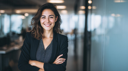 Young executive businesswoman with arms crossed smiling in modern corporate office, professional workplace environment