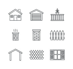 Fototapeta premium Various house and home building outline icons providing essential symbols for architectural plans, real estate listings, construction company branding, and property development projects