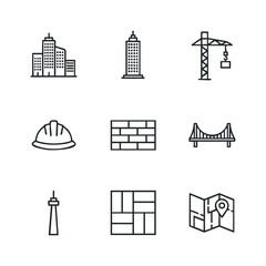 Obraz premium Outline icons representing construction, engineering, architecture, and urban development, ideal for infomation graphics, application interfaces, and digital project presentations.