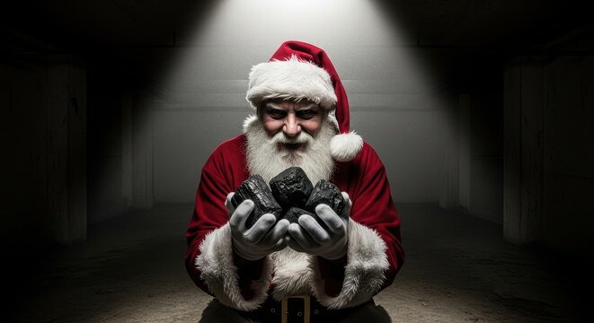 Evil man dressed as Santa Claus holding a handful of coal in a dark room. Bad Christmas gift concept to punish naughty children. - Powered by Adobe