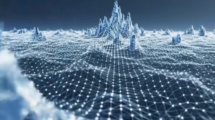 Abstract digital landscape with glowing geometric structures - Powered by Adobe