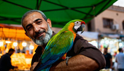 Middle Eastern man with a beard is holding a vibrant macaw parrot on his arm, smiling warmly under a green canopy in a lively market atmosphere, showcasing a colorful cultural scene