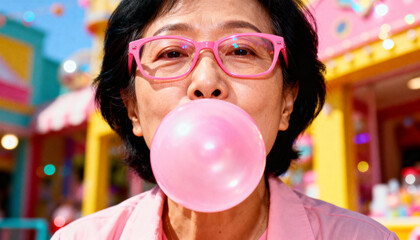 Asian woman blowing a large pink bubblegum bubble, wearing stylish pink glasses, with a colorful carnival background, showcasing a fun and playful atmosphere in a vibrant setting