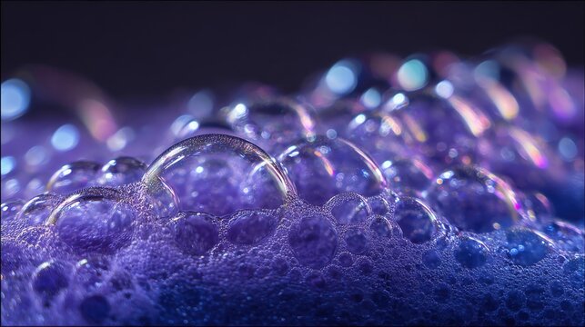 Abstract close-up of iridescent soap bubbles with purple background for creative designs,Bathtub Party Day