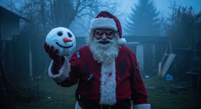 Man dressed as evil Santa Claus holding a melting snowman head. Horror Christmas concept for holiday party invitation or scary movie poster.