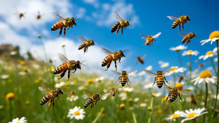 A vibrant nature photograph of honey bees in flight against a bright blue sky with white clouds