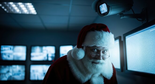 Santa Claus with glasses looking suspiciously at camera, next to a security camera and monitors with static, for surveillance concept.
