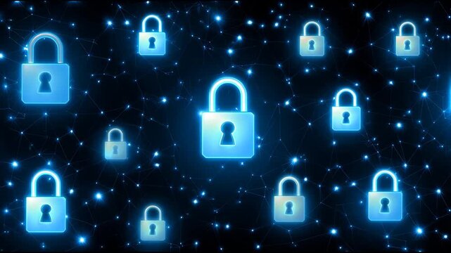 Cybersecurity concept with glowing blue padlock lock representing digital data protection and network safety, illustrating advanced security for online information and privacy