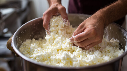 Hands Stirring Fresh Goat Cheese Curds in Pot